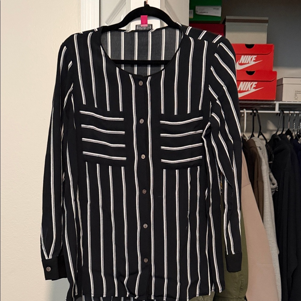 Vince Camuto Black and White Vertical Stripe Button-Down Blouse